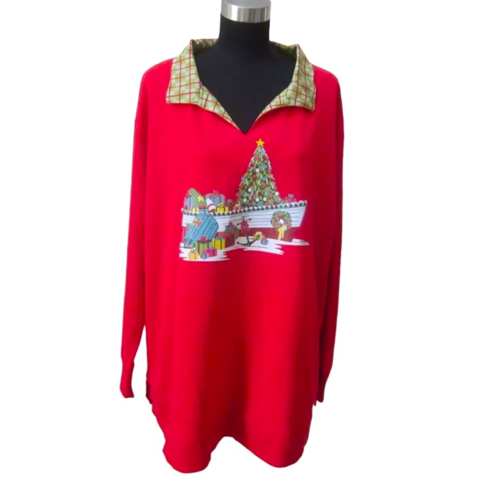 NWT HERITAGE CHARMS Red CHRISTMAS Tree Boat Print Long Sleeve Collared Shirt PS